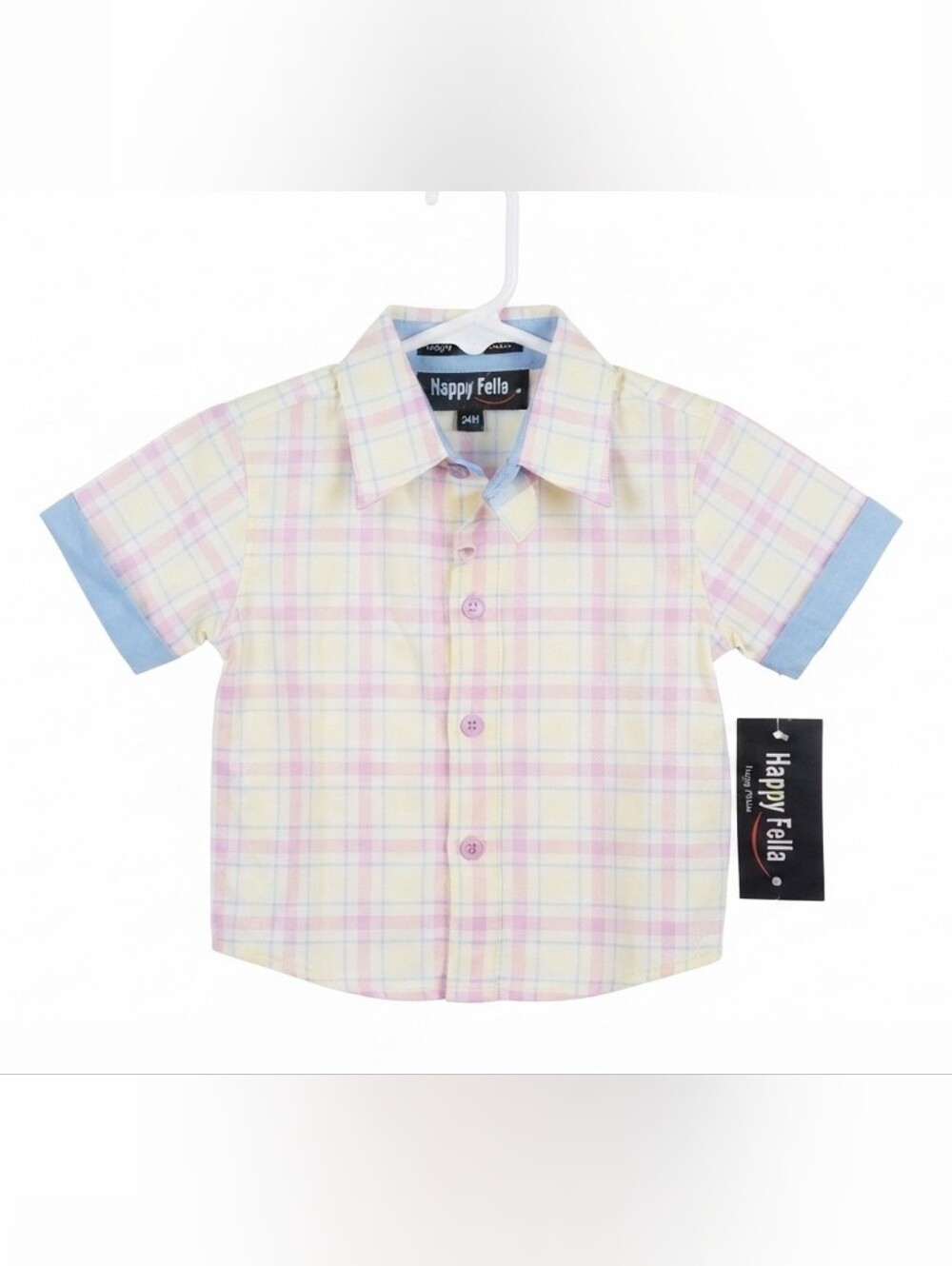 Happy Fella Baby Boy Short-Sleeve Plaid Shirt Size 24M - Yellow, Pink, Blue Past
